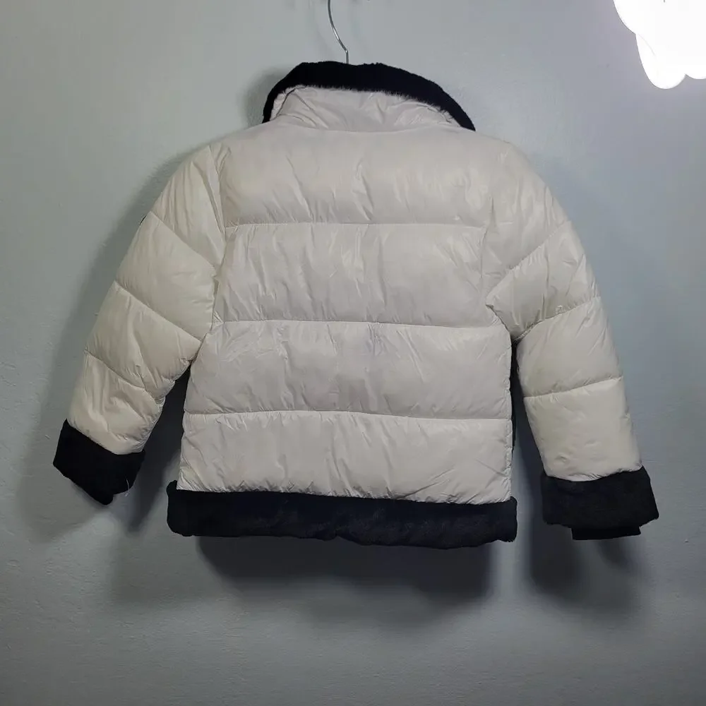 DKNY Girls White Trimmed in Black Faux Fur Puffer Crop Jacket Size 5/6 42026-37
